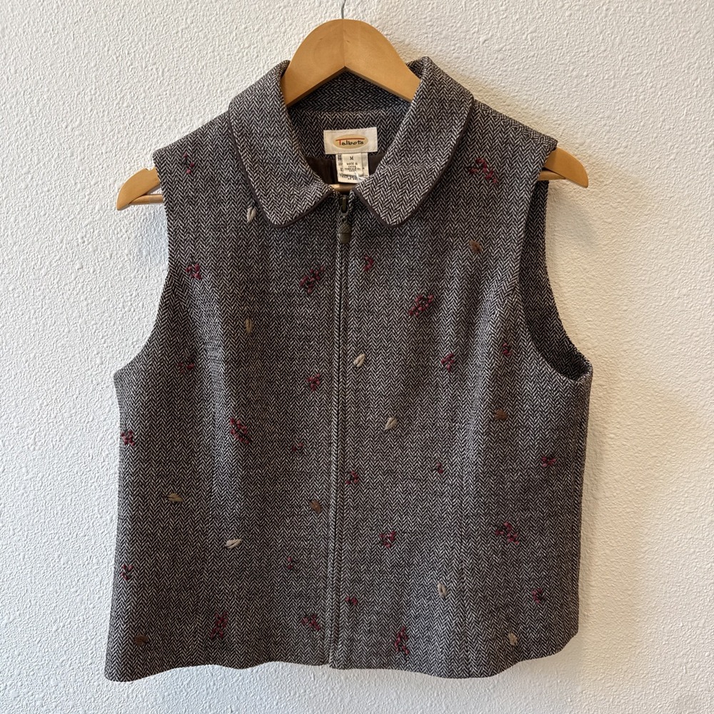 Talbots Petites Vest M Wool Tweed Herringbone Leaves Acorn Zip Boho Academia VTG